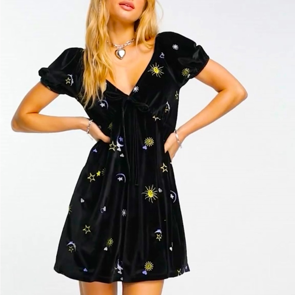 ASOS short sleeve midi dress with embroidered sun and moon/velvet